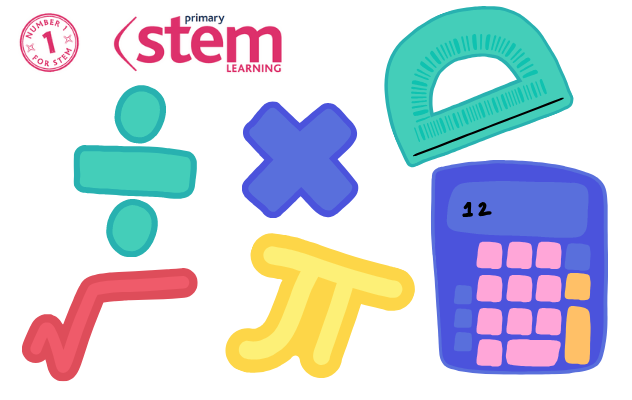 Illustrations of mathematical symbols and a calculator
