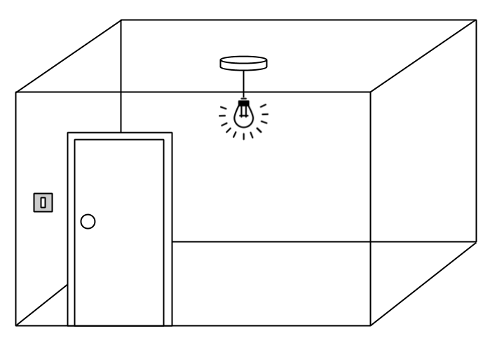 Illustration of a room with a closed door and light switch and illuminated light bulb on the inside.