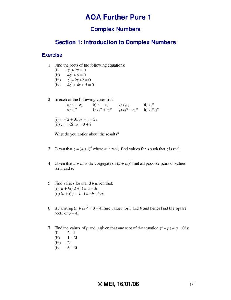 complex numbers pdf notes Inside Complex Numbers Worksheet Pdf