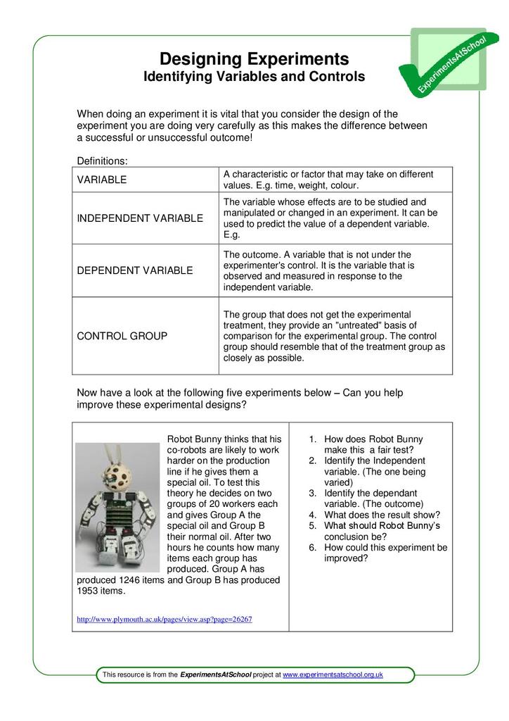 Experimental Design Worksheet Answers